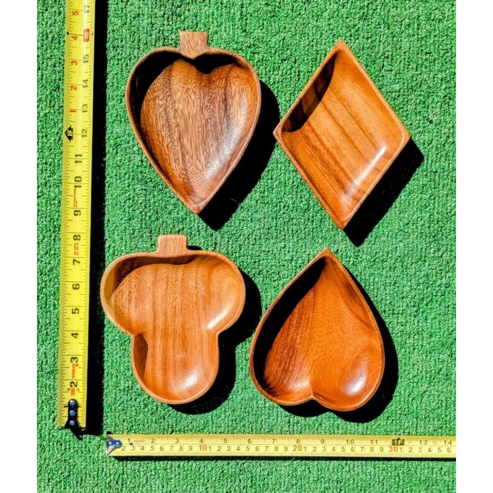 Wooden Bowls Heart Club Spade Diamond Playing Card Suits Monkey Pod Wood 4pc Set - Picture 4 of 8